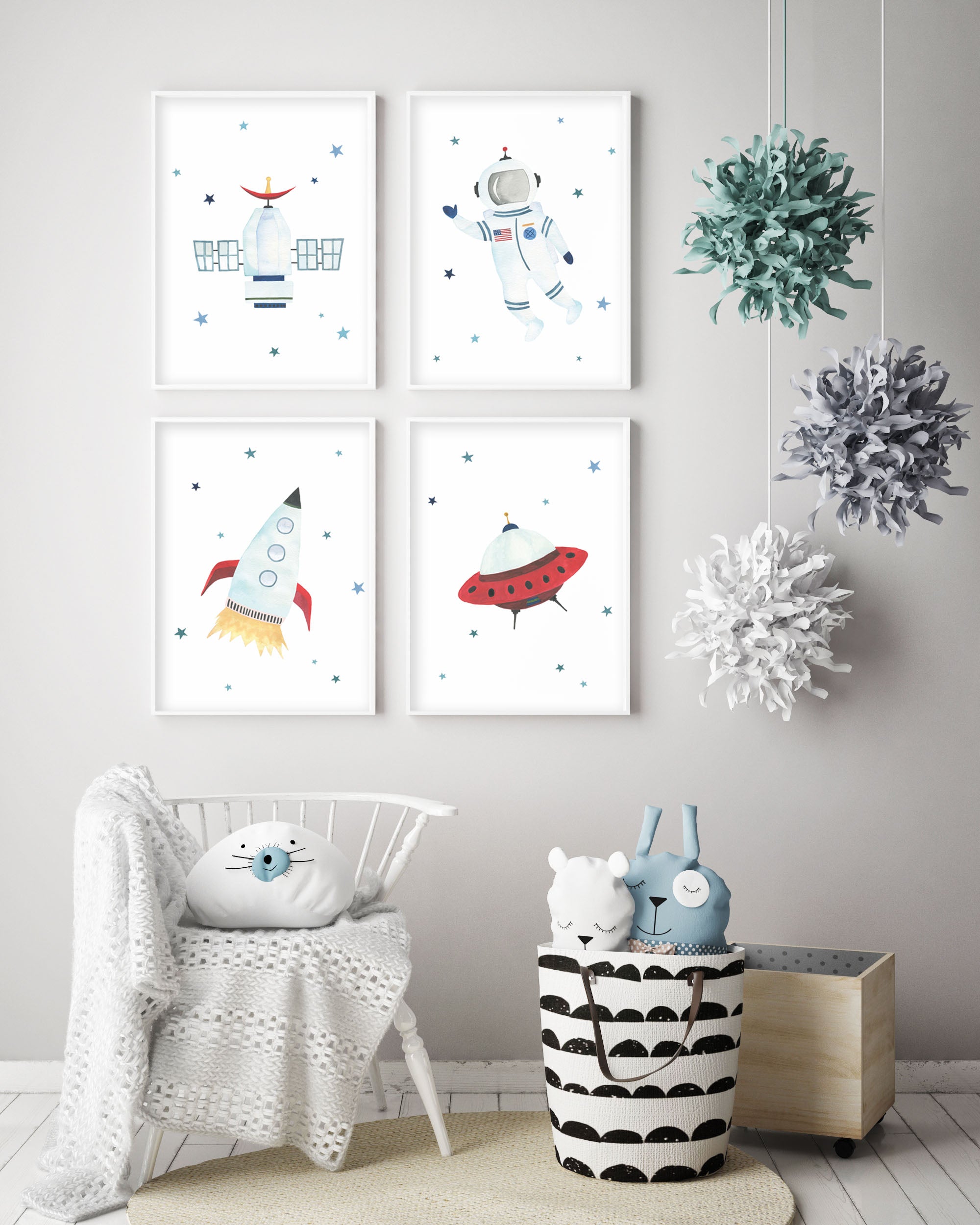 Set of 4 Outer Space Prints - Watercolor Nursery Wall Art - The Small Art Project - Modern Nursery Prints