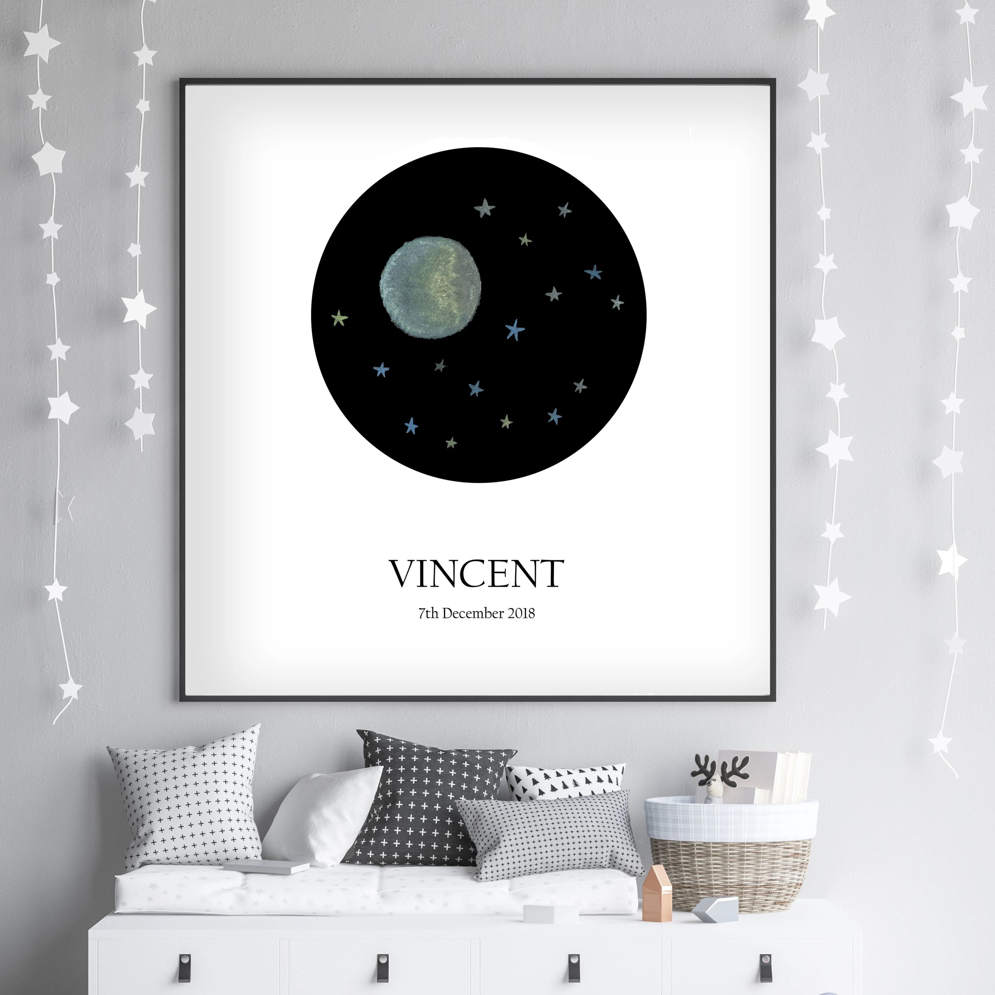 Customized Baby Name Poster - Blue Moon and Stars Nursery - The Small Art Project