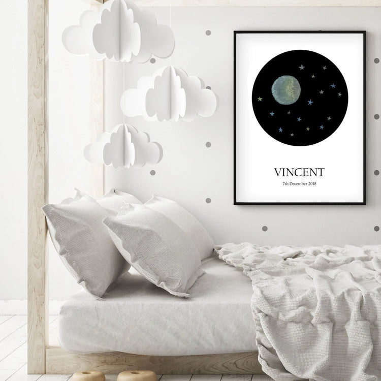 Customized Baby Name Poster - Blue Moon and Stars Nursery - The Small Art Project