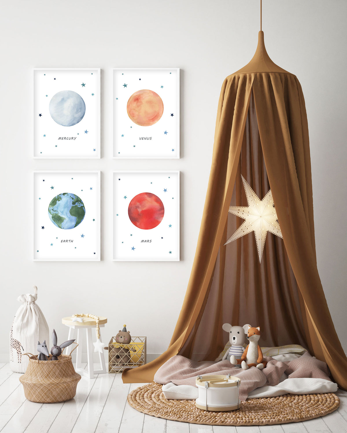 Set of 4 Outer Space Prints - Watercolor Nursery Wall Art - The Small Art Project - Modern Nursery Prints