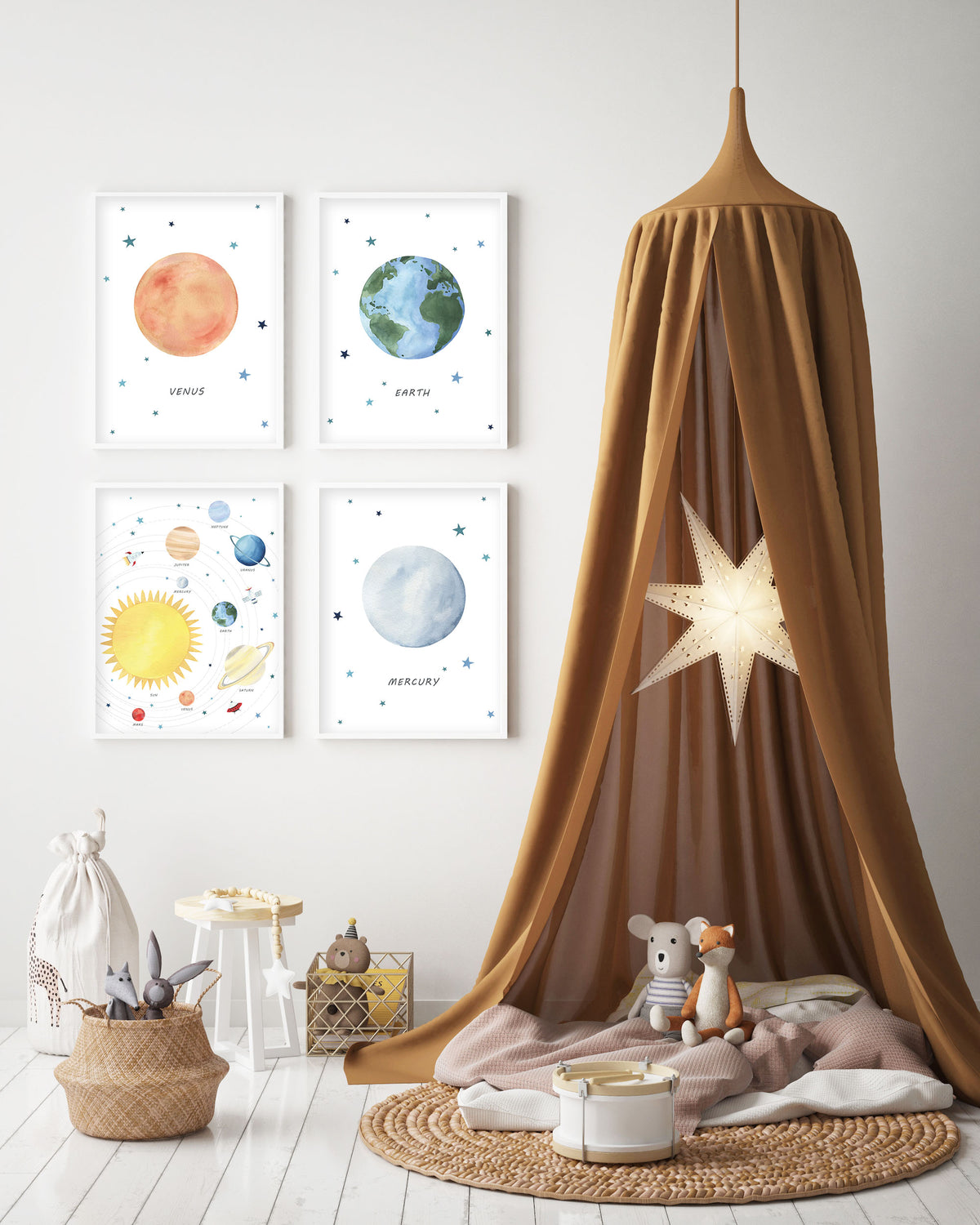 Set of 4 Outer Space Prints - Watercolor Nursery Wall Art - The Small Art Project - Modern Nursery Prints