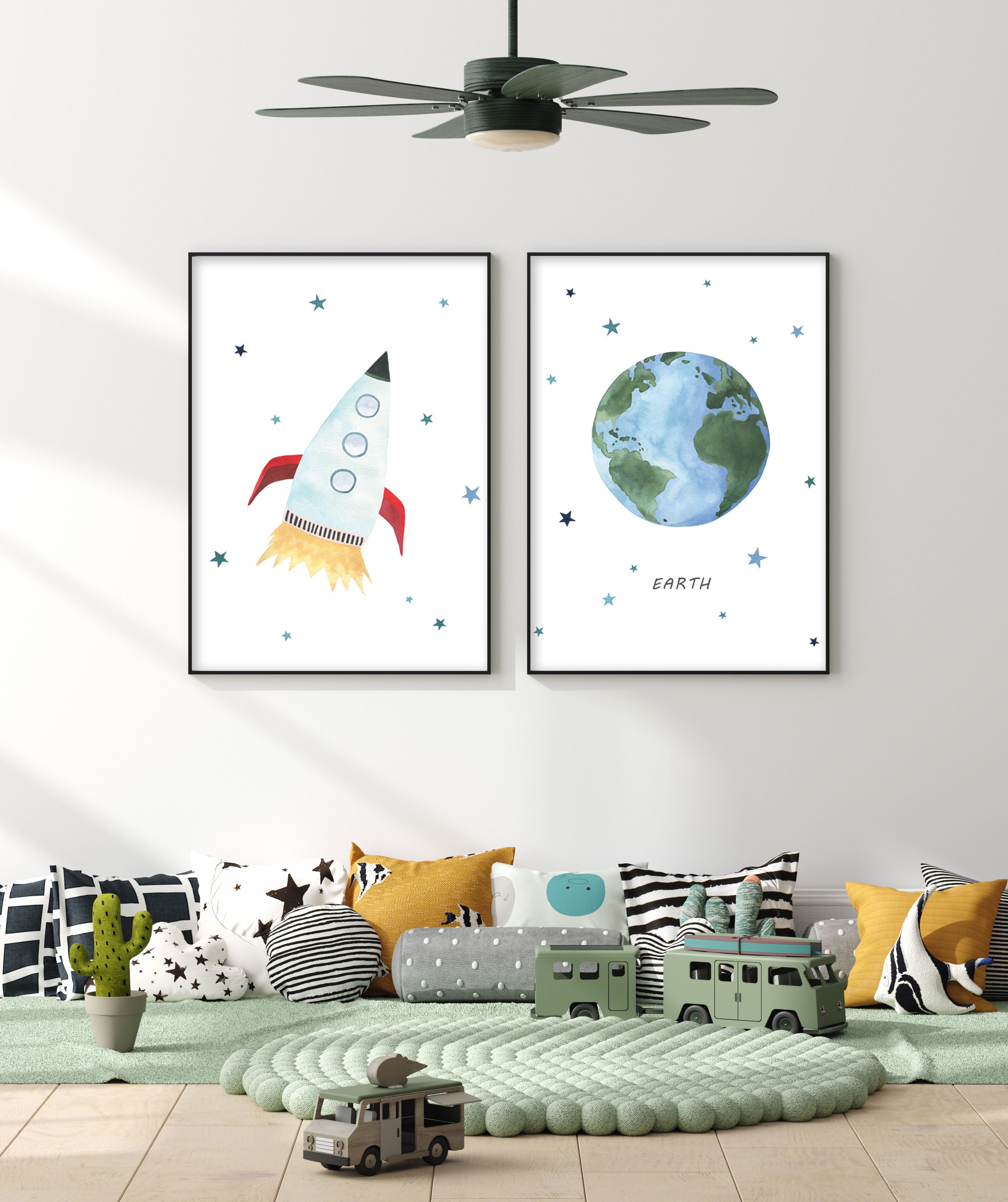 Set of 2 Outer Space Prints - Watercolor Nursery Wall Art - The Small Art Project - Modern Nursery Prints