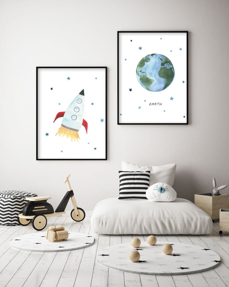 Set of 2 Outer Space Prints - Watercolor Nursery Wall Art - The Small Art Project - Modern Nursery Prints