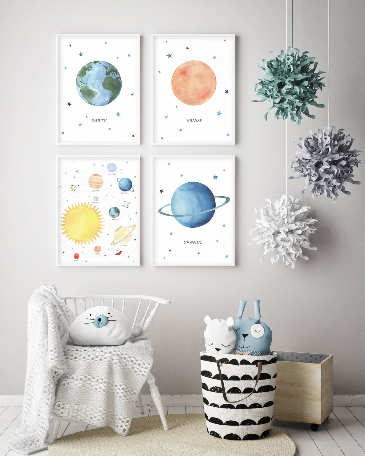 Set of 4 Outer Space Prints - Watercolor Nursery Wall Art - The Small Art Project - Modern Nursery Prints