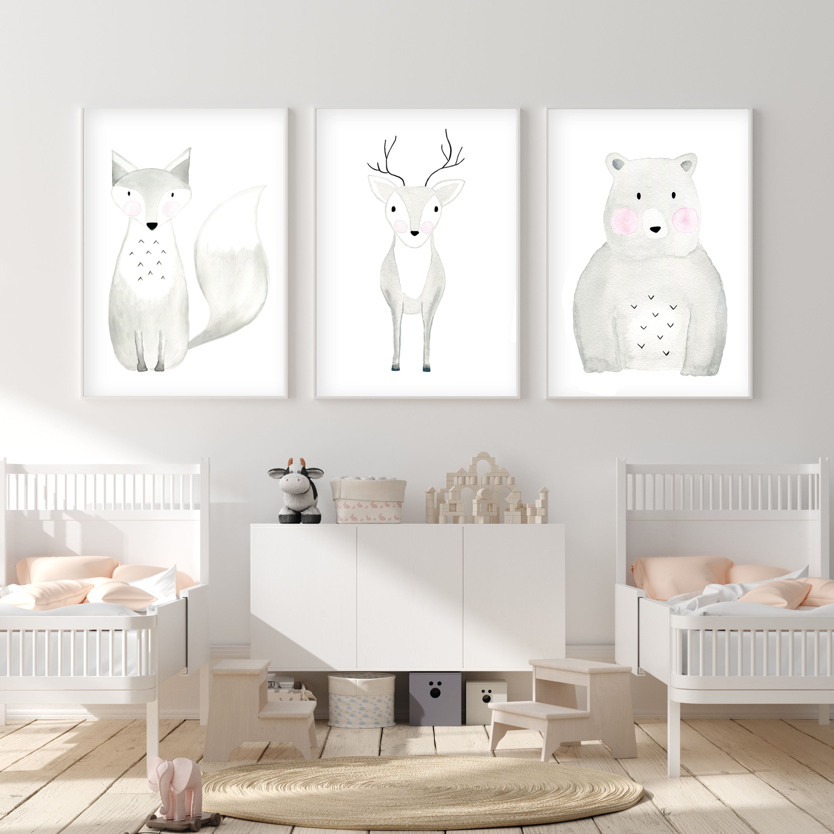 Set of 3 Woodland Animals - Watercolor Nursery Wall Art - The Small Art Project