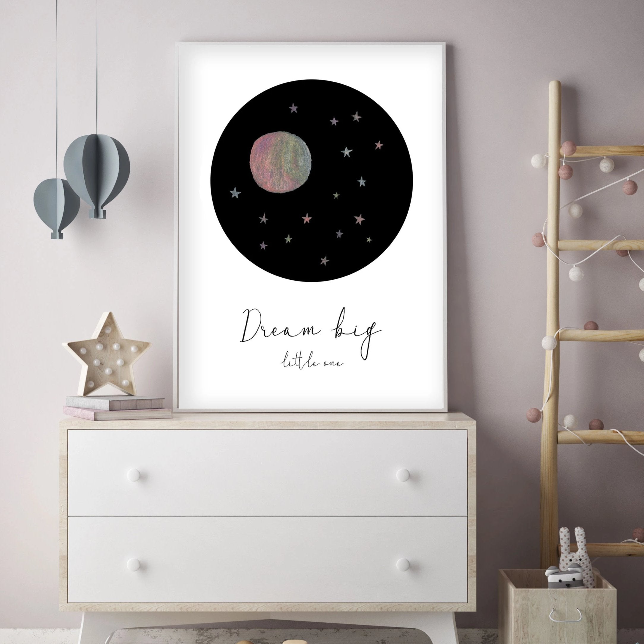 Dream Big Little One - Pink Moon and Stars Nursery - The Small Art Project
