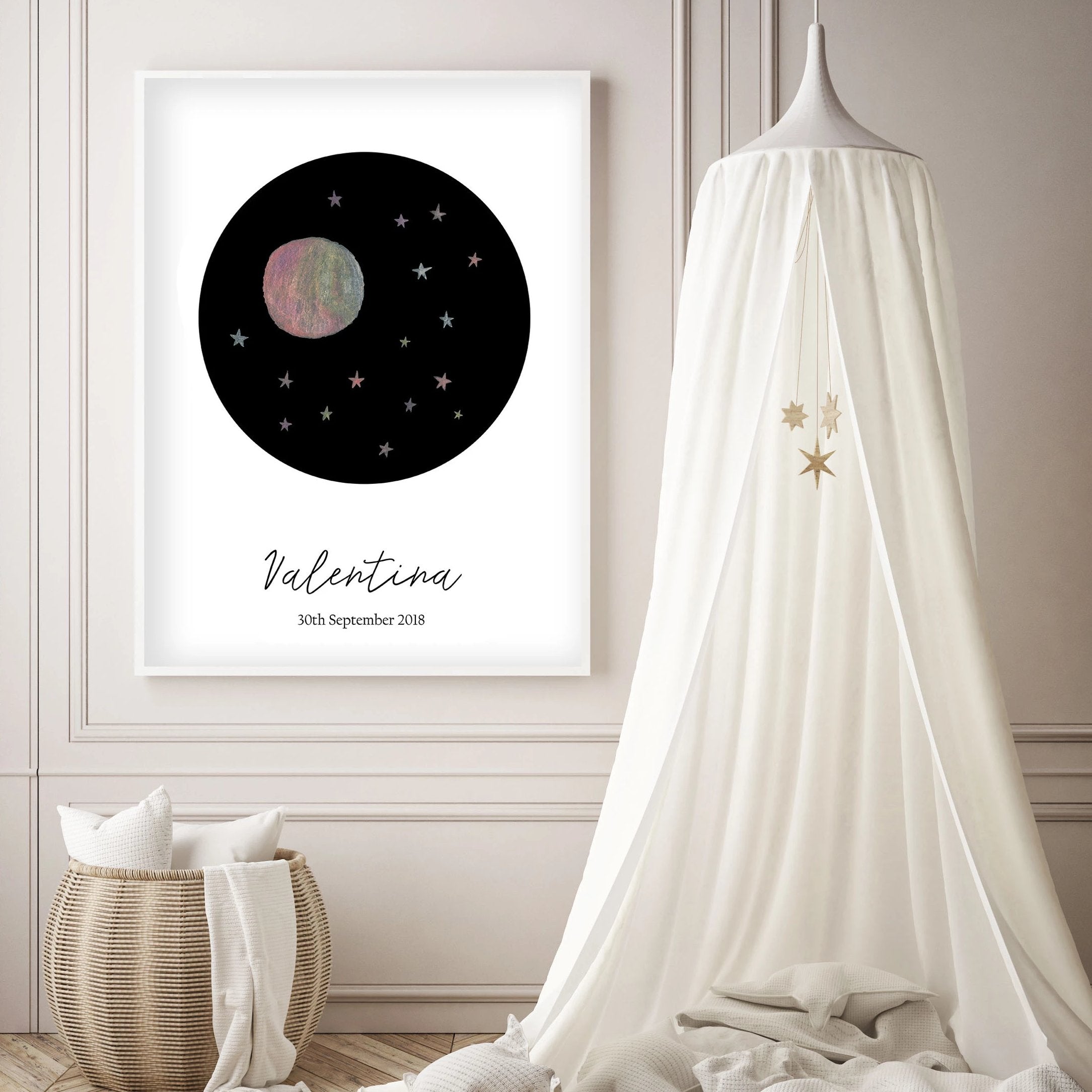 Customized Baby Name Poster - Pink Moon and Stars Nursery - The Small Art Project