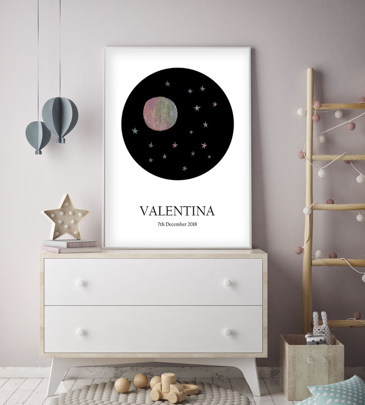 Customized Baby Name Poster - Pink Moon and Stars Nursery - The Small Art Project