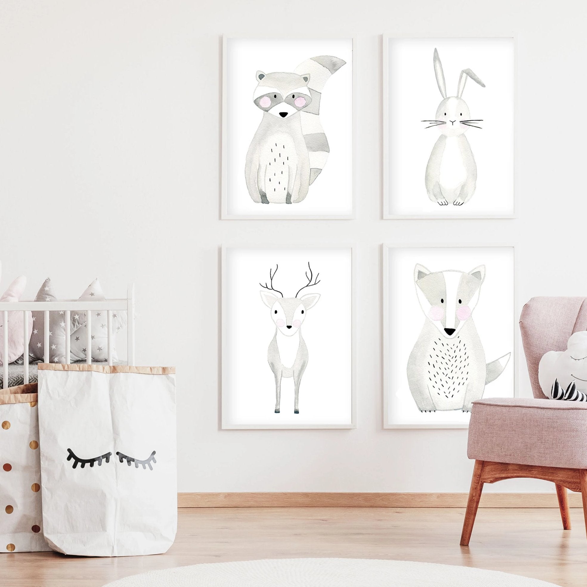 Set of 4 Woodland Animals - Watercolor Nursery Wall Art - The Small Art Project