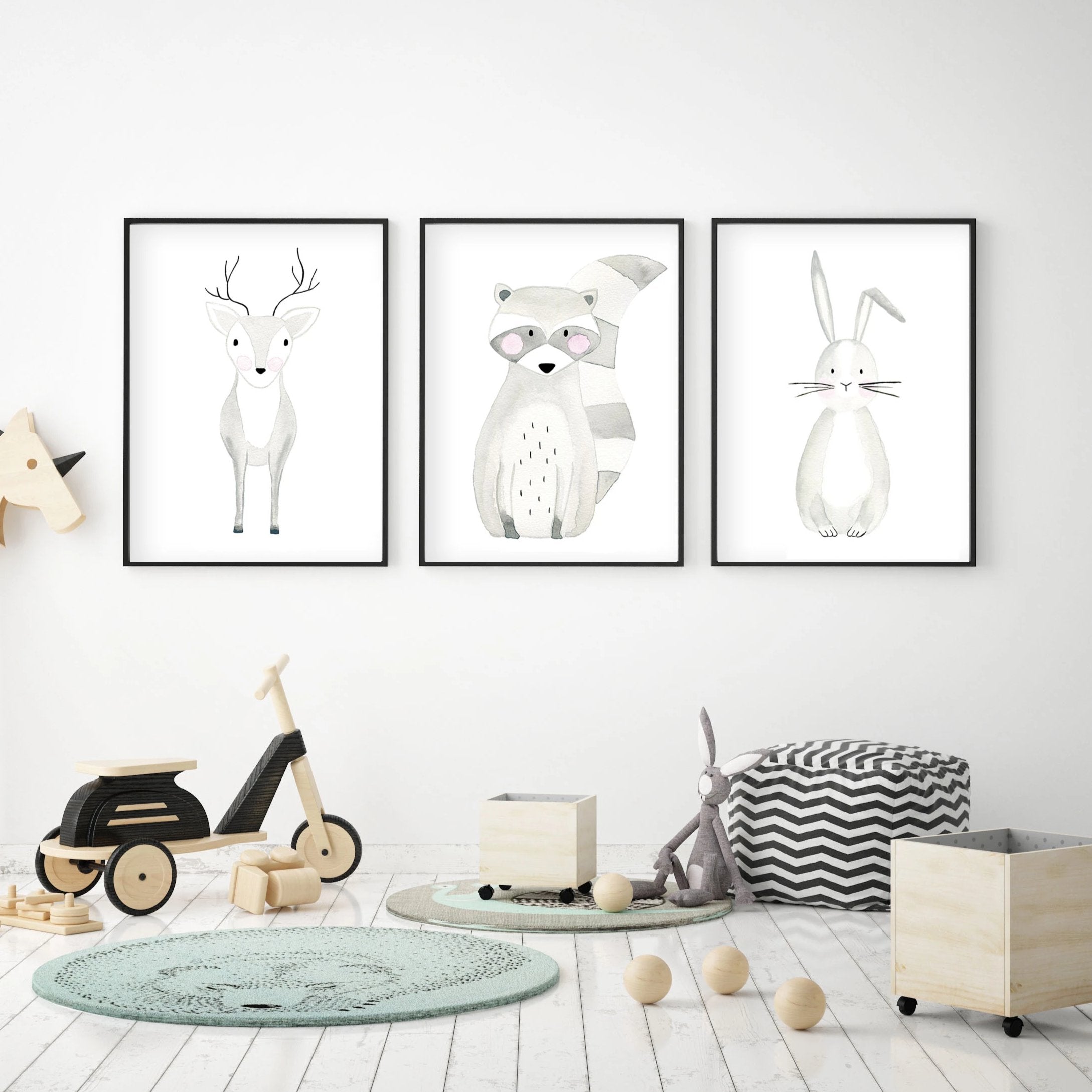 Set of 3 Woodland Animals - Watercolor Nursery Wall Art - The Small Art Project