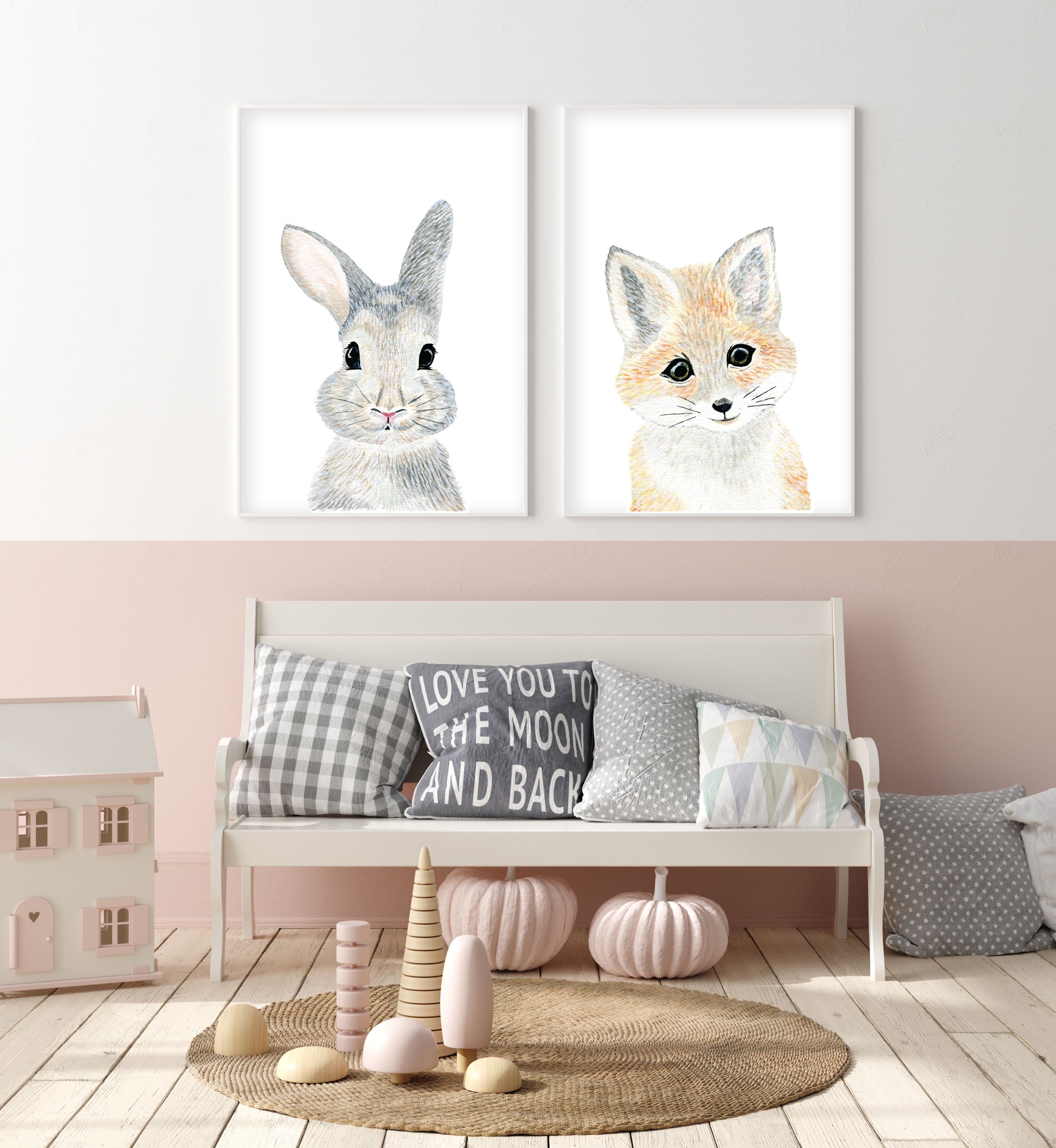 Set of 2 Baby Woodland Animals - Watercolor Nursery Wall Art - The Small Art Project