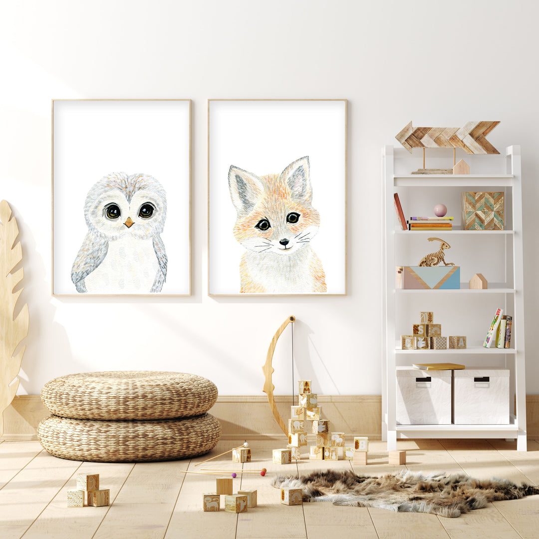Set of 2 Baby Woodland Animals - Watercolor Nursery Wall Art - The Small Art Project