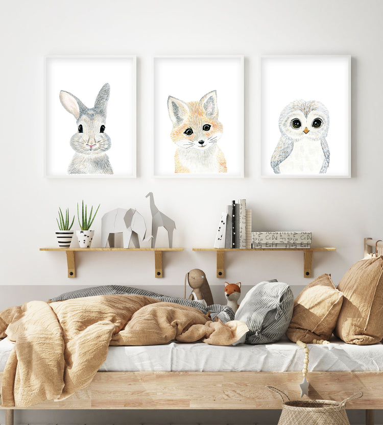 Set of 3 Baby Woodland Animals - Watercolor Nursery Wall Art - The Small Art Project