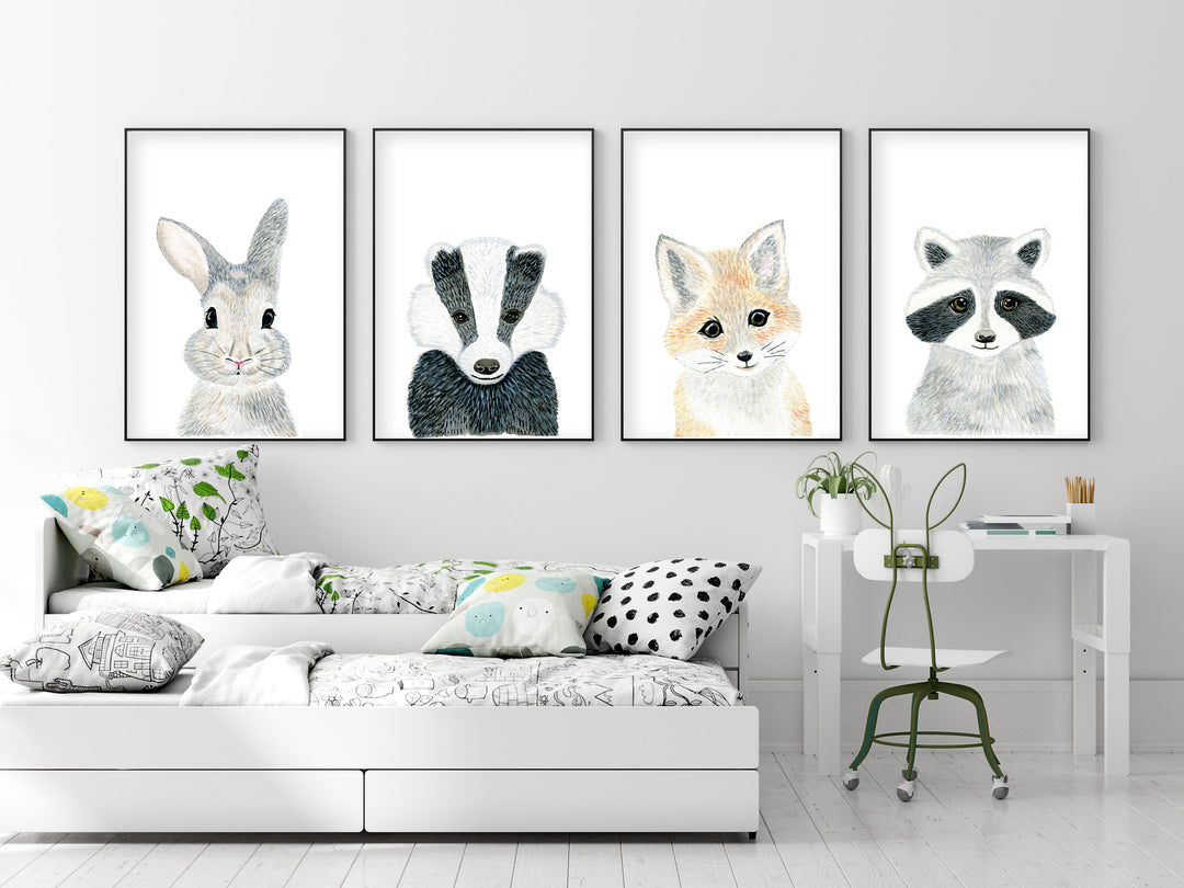 Set of 4 Baby Woodland Animals - Watercolor Nursery Wall Art - The Small Art Project