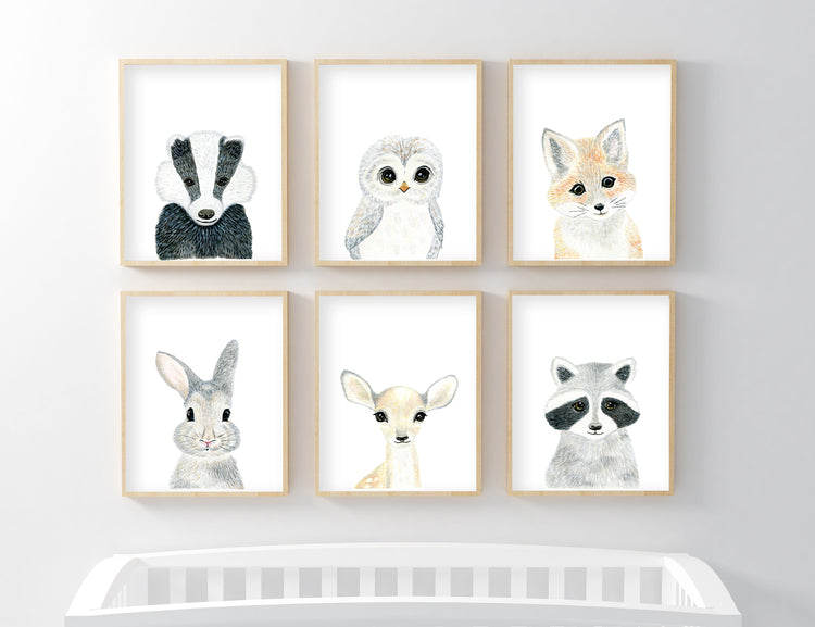 Set of 6 Baby Woodland Animals - Watercolor Nursery Wall Art - The Small Art Project