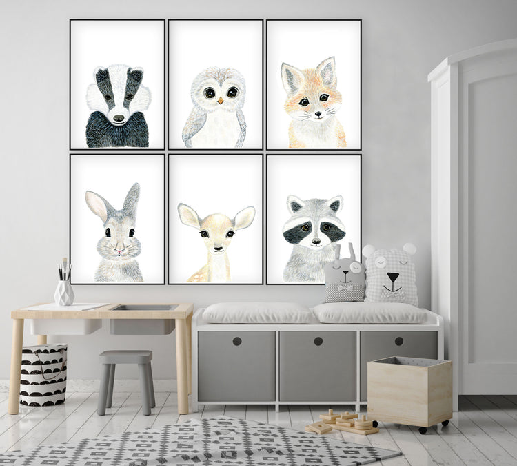Set of 6 Baby Woodland Animals - Watercolor Nursery Wall Art - The Small Art Project