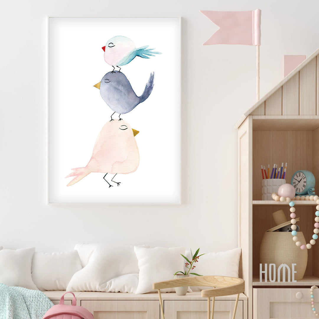 Pastel 3 Birds (Lilac)- Watercolor Nursery Wall Art - The Small Art Project