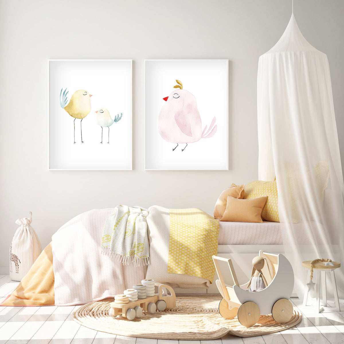 Set of 2 Pastel Birds - Watercolor Nursery Wall Art - The Small Art Project