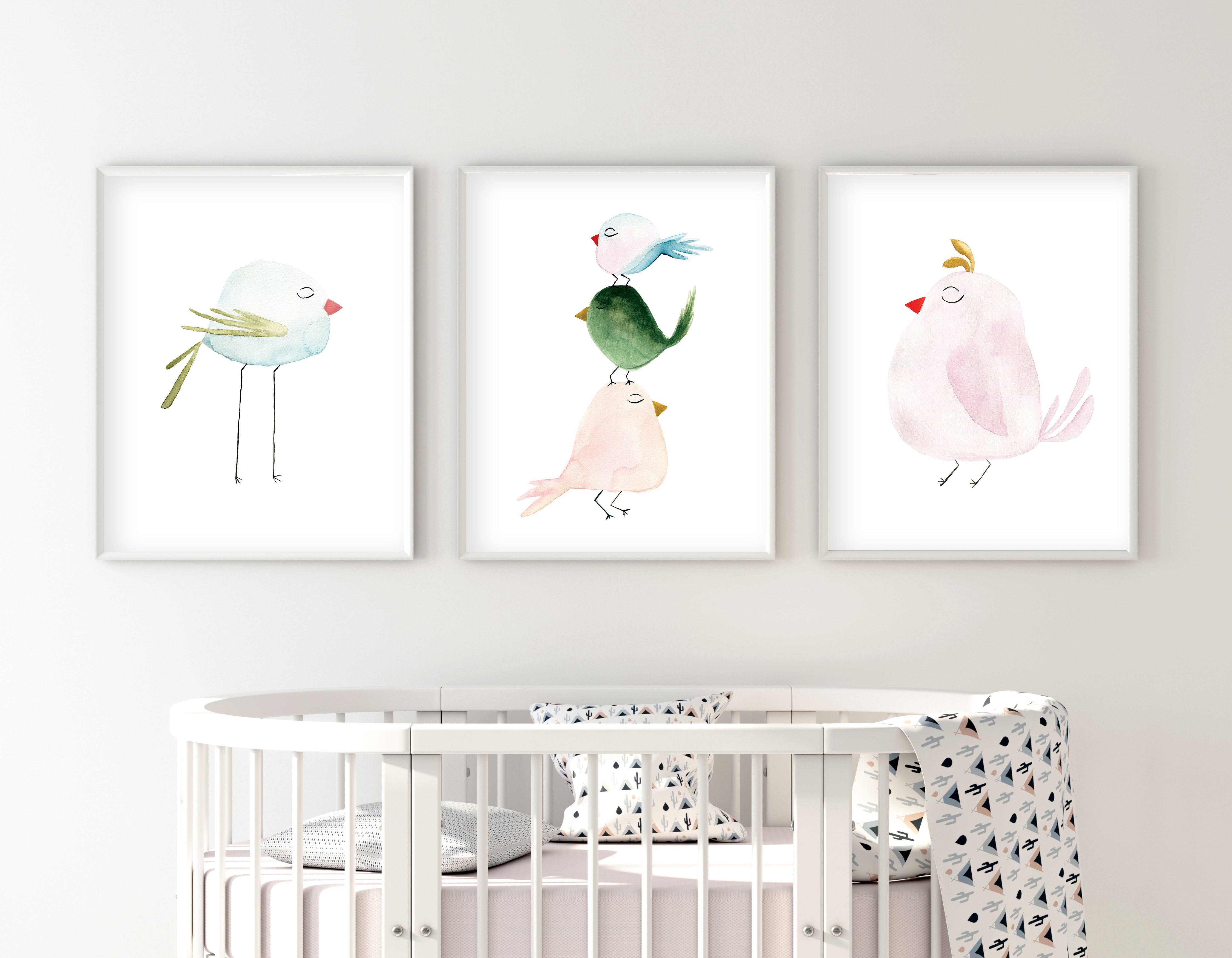 Set of 3 Pastel Birds - Watercolor Nursery Wall Art - The Small Art Project