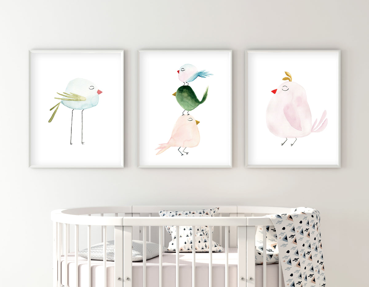 Set of 3 Pastel Birds - Watercolor Nursery Wall Art - The Small Art Project