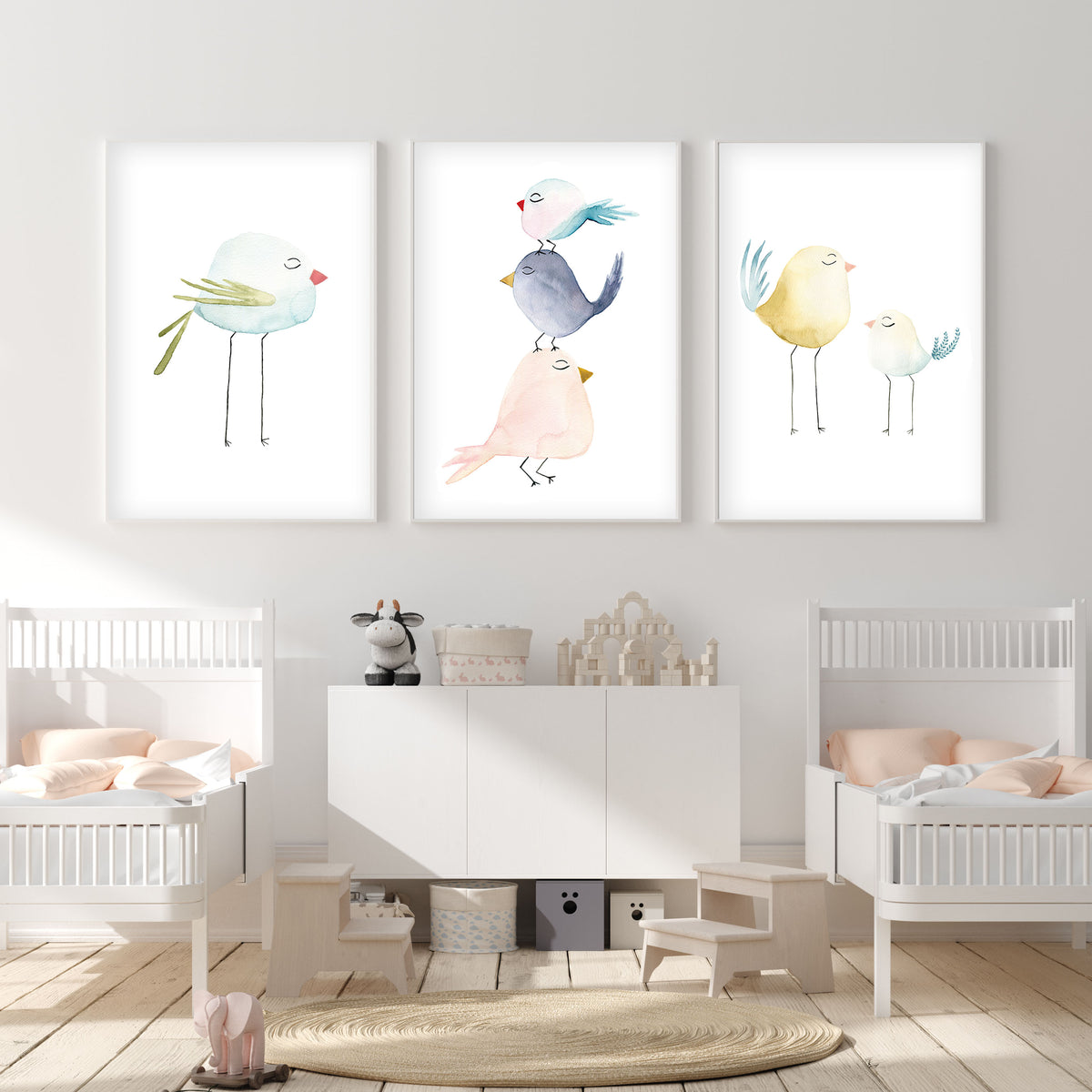 Set of 3 Pastel Birds - Watercolor Nursery Wall Art - The Small Art Project