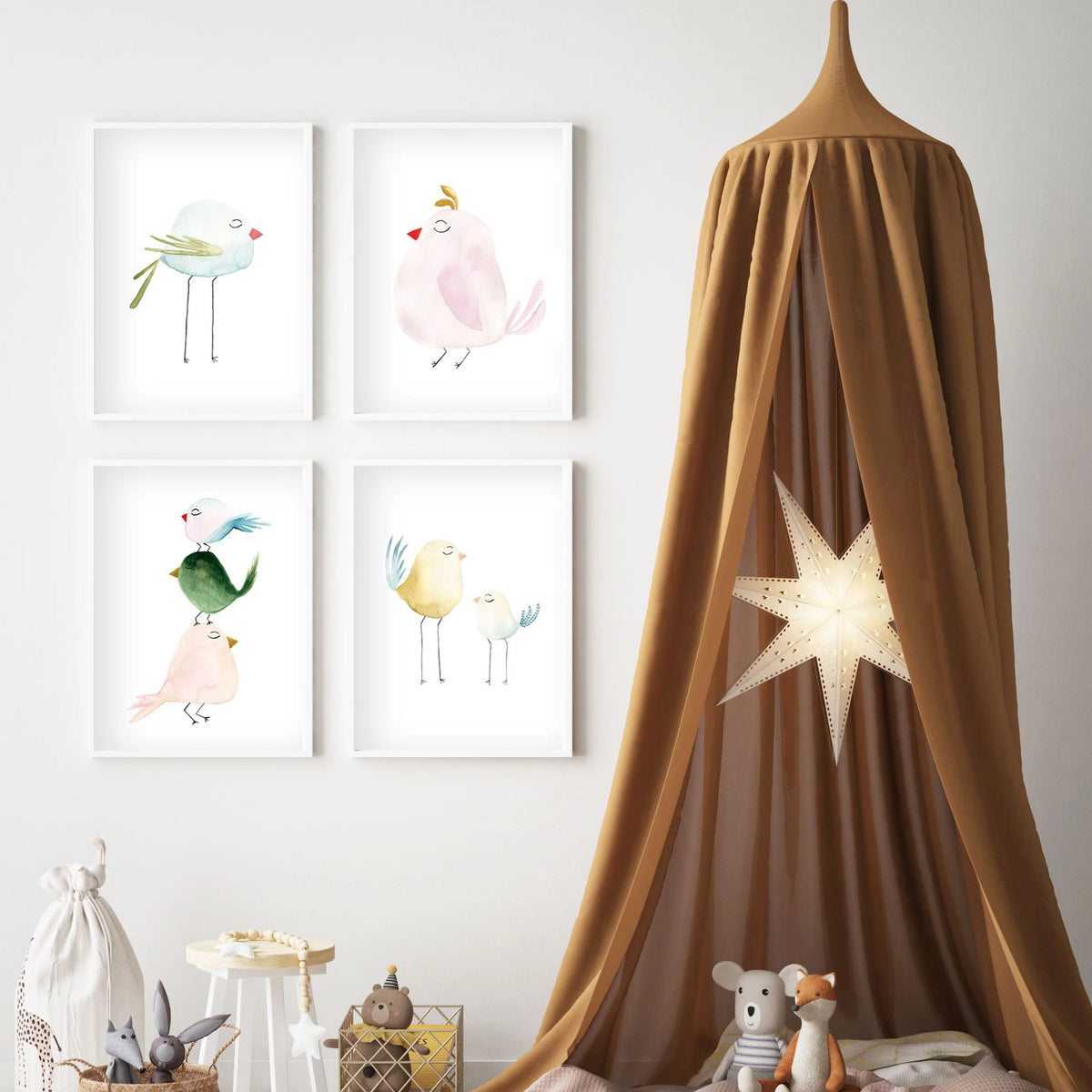 Set of 4 Pastel Birds - Watercolor Nursery Wall Art - The Small Art Project