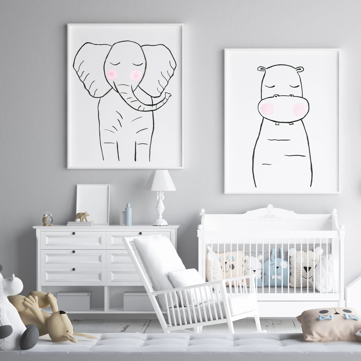 Black & White Hippo - Safari Animals Nursery - The Small Art Project