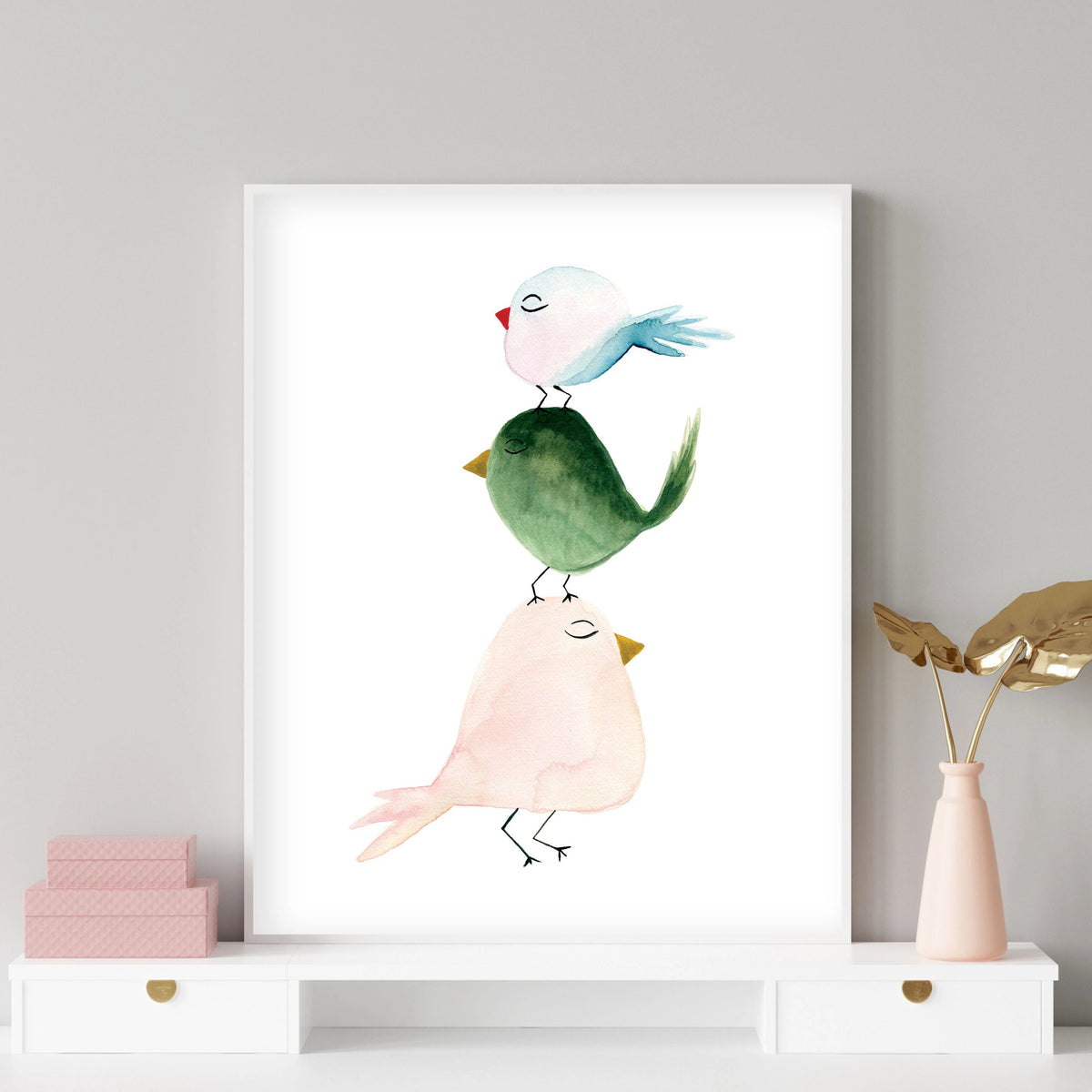 Pastel 3 Birds - Watercolor Nursery Wall Art - The Small Art Project