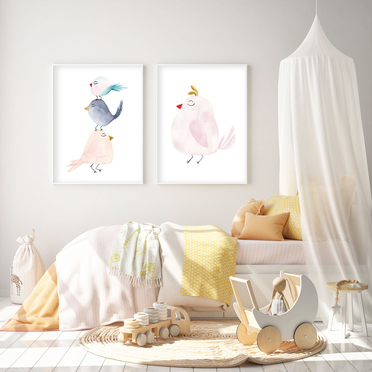 Pastel Pink Bird - Watercolor Nursery Wall Art - The Small Art Project