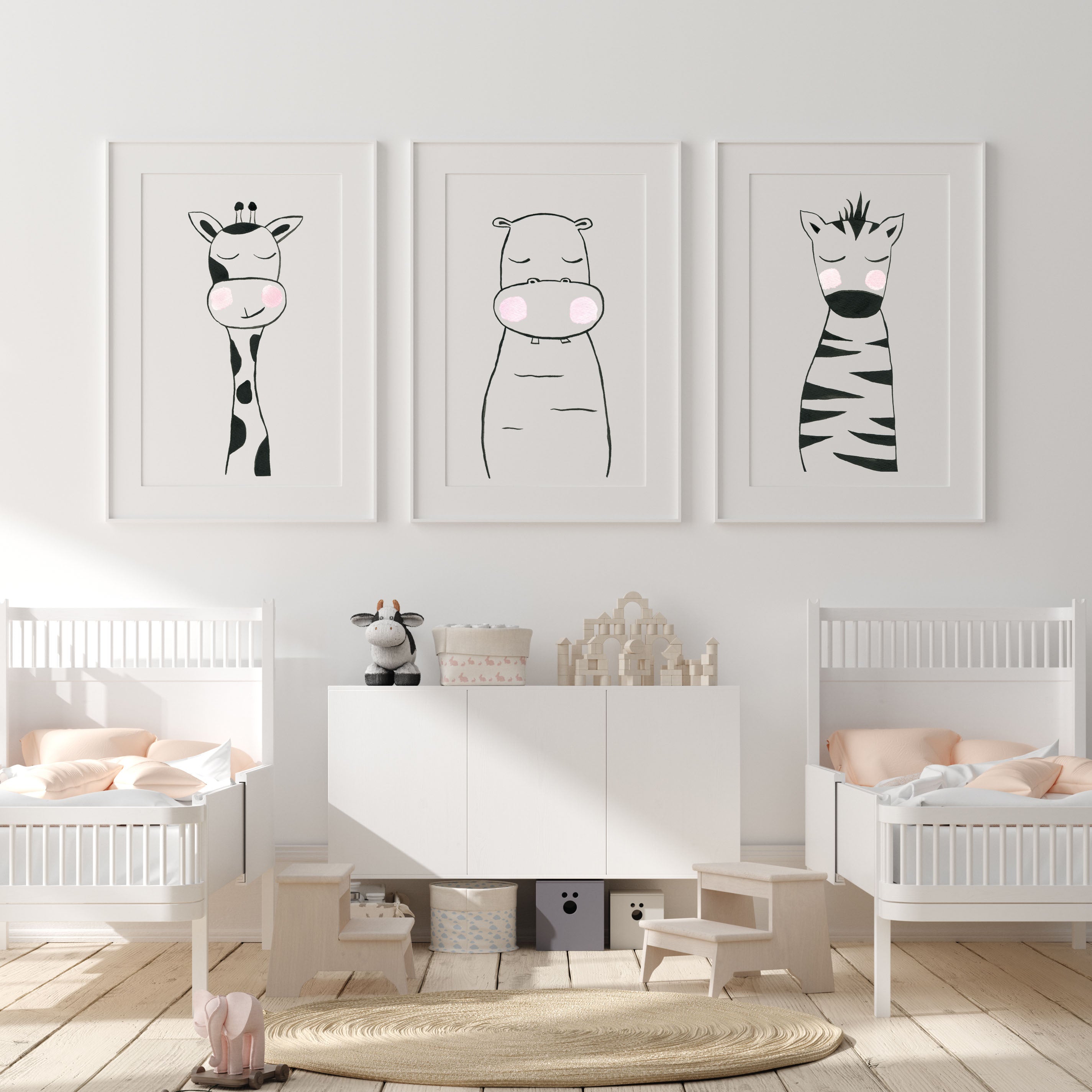 Set of 3 Black & White Animals - Safari Nursery Wall Art - The Small Art Project