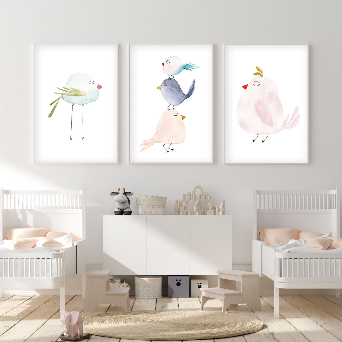 Set of 3 Pastel Birds - Watercolor Nursery Wall Art - The Small Art Project