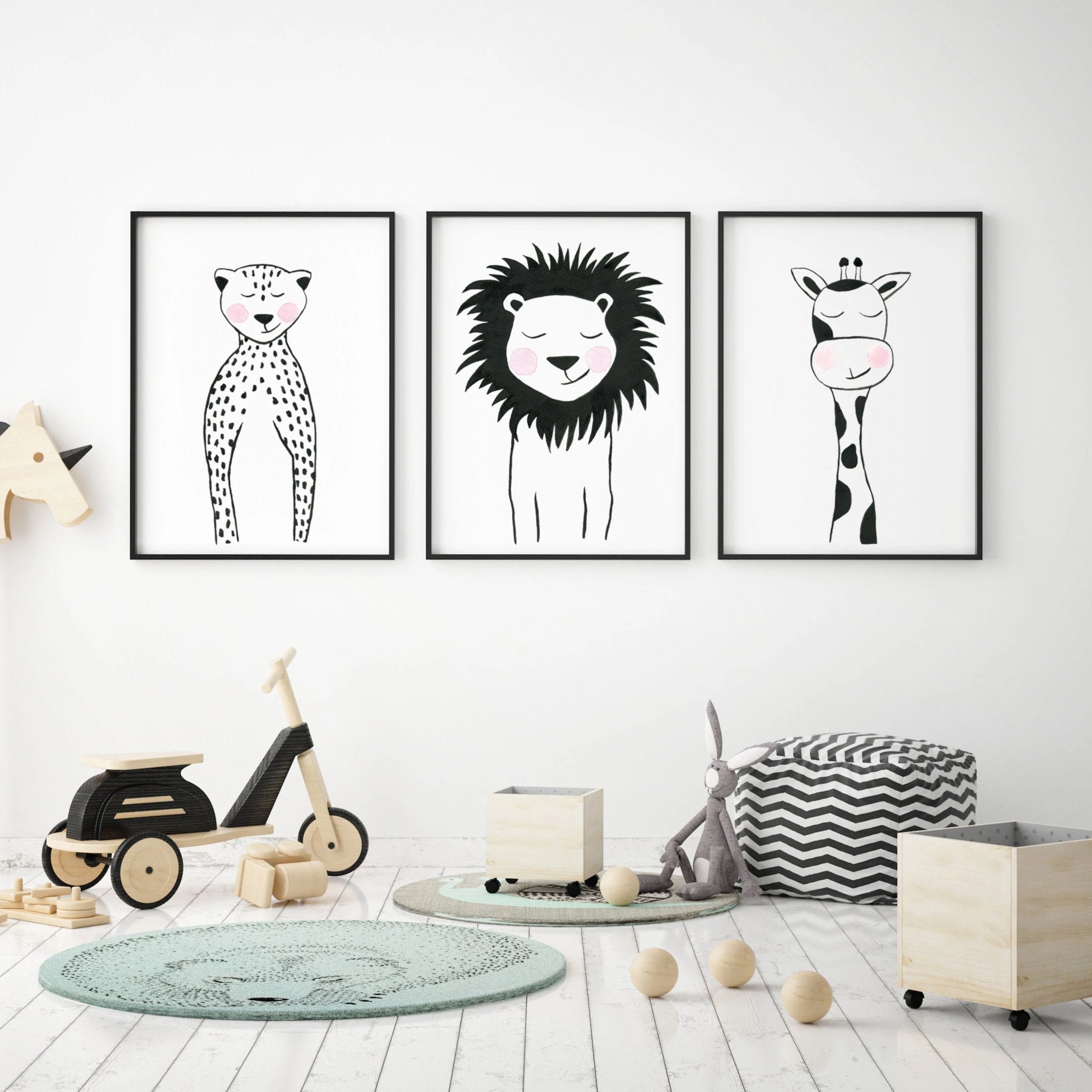 Set of 3 Black & White Animals - Safari Nursery Wall Art - The Small Art Project