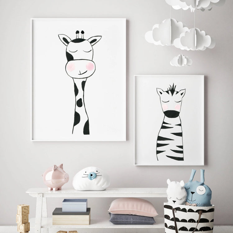 Set of 2 Black & White Animals - Safari Nursery wall art - The Small Art Project